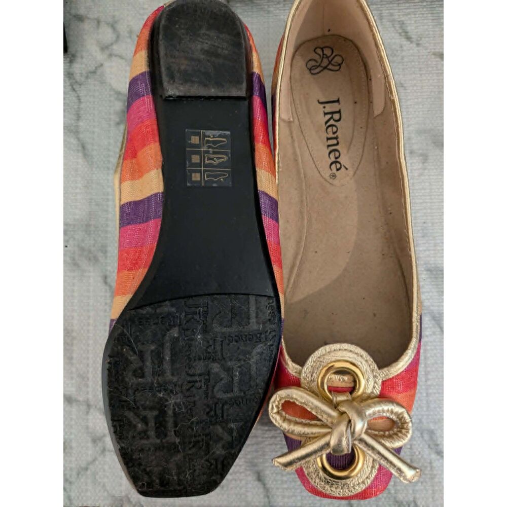 J Renee Women’s Multicolor Striped Flats Gold Bow Square Toe Shoes Size 8